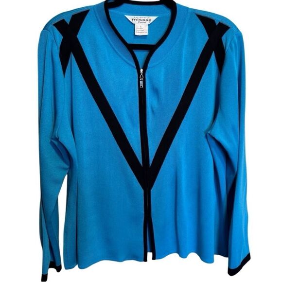 Misook- Zip Front Santana Knit Cardigan Black Turqouise Long Sleeve Large Petite - Picture 9 of 9